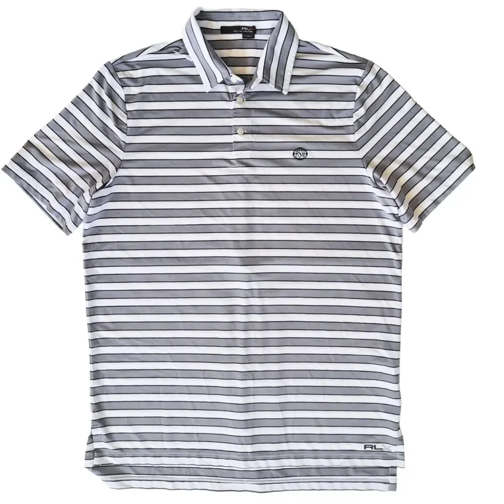 RLX Polo Ralph Lauren Mens Large Striped Golf Shirt Gray White Black Wicking